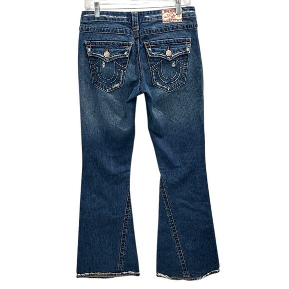 True Religion Joey Distressed Low-Rise Flare Jeans Size 29 Dark Wash Blue Y2K - Picture 3 of 11
